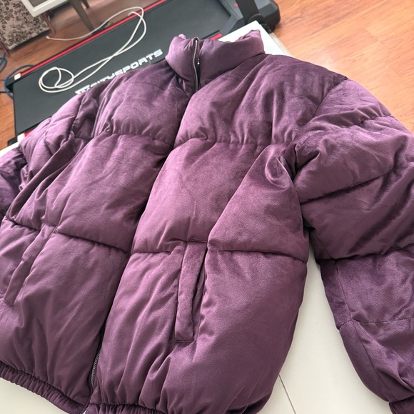 Nine West Velvet Puffer Jacket Plum Purple Oversized Quilted Coat Luxury Bomber - Picture 3 of 5